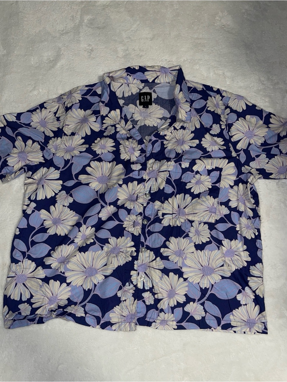 GAP Navy Short-Sleeve Button-Up Shirt with Cream & Light Purple Floral Print